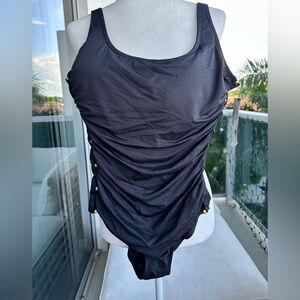 Carmen Marc Valvo Black Ruched One Piece Swimsuit Size 12 NWT Gold Button Detail